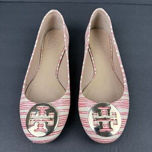 Tory Burch Reva Flats 7.5 Piano Stripe White Red Leather Shoes Gold Logo Womens